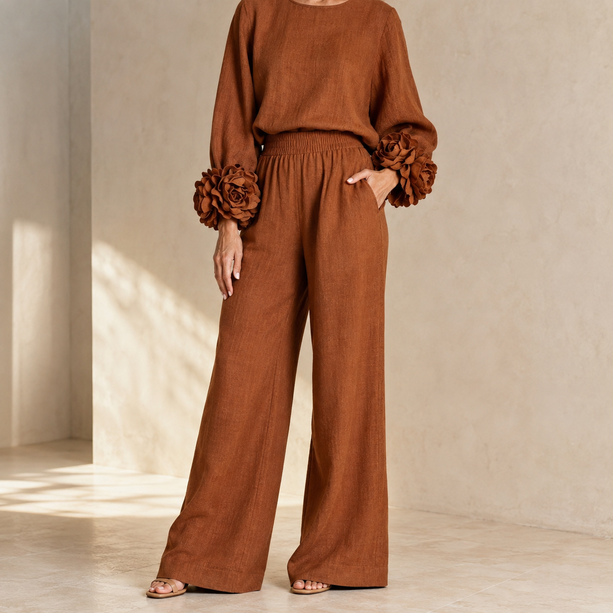 Conjunto Elegante Mujer Blusa Manga Floral y Pantalón Ancho | Kalina