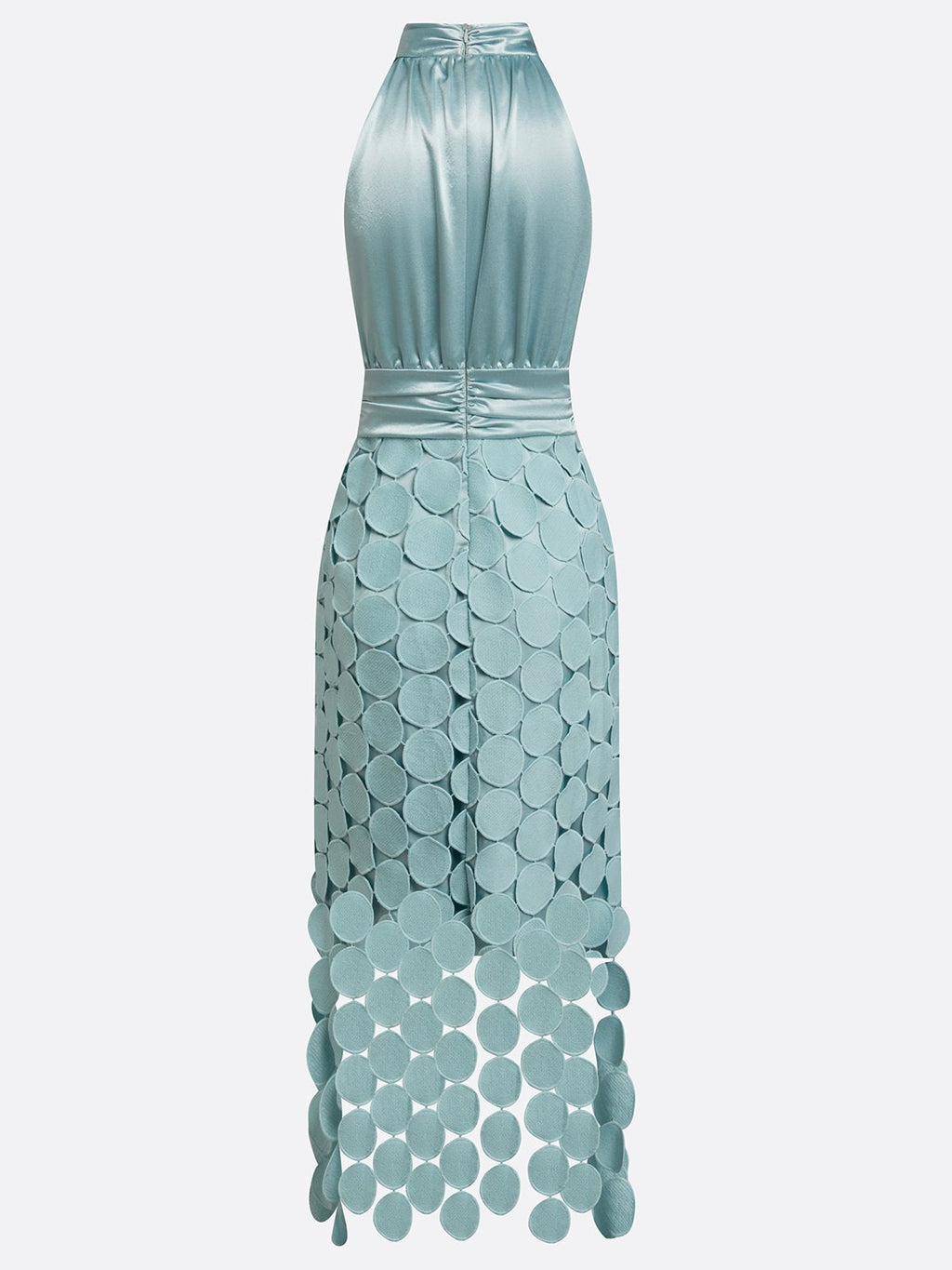 Vestido elegante de invitada de boda y de fiesta con cuello alto y encaje calado | Midi
