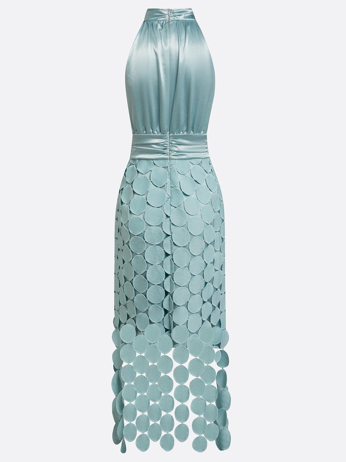 Vestido elegante de invitada de boda y de fiesta con cuello alto y encaje calado | Midi