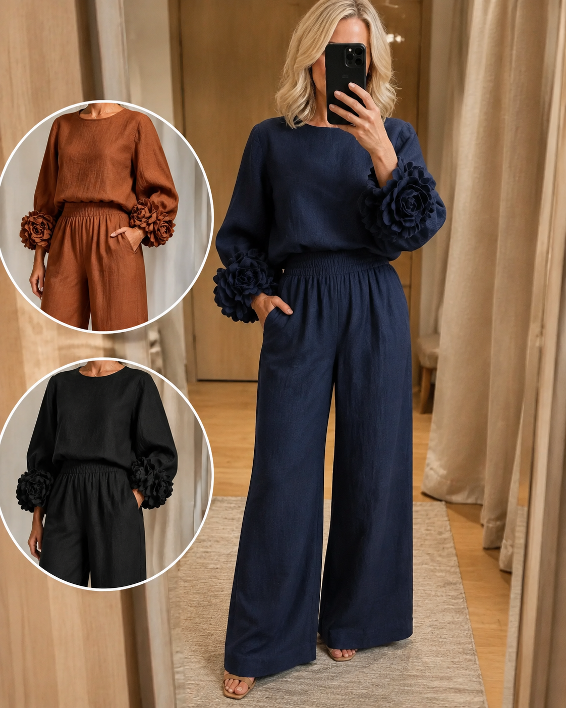Conjunto Elegante Mujer Blusa Manga Floral y Pantalón Ancho | Kalina