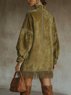 Vestido Cuello Alto Ante Sintético con Flecos Mujer | Olive