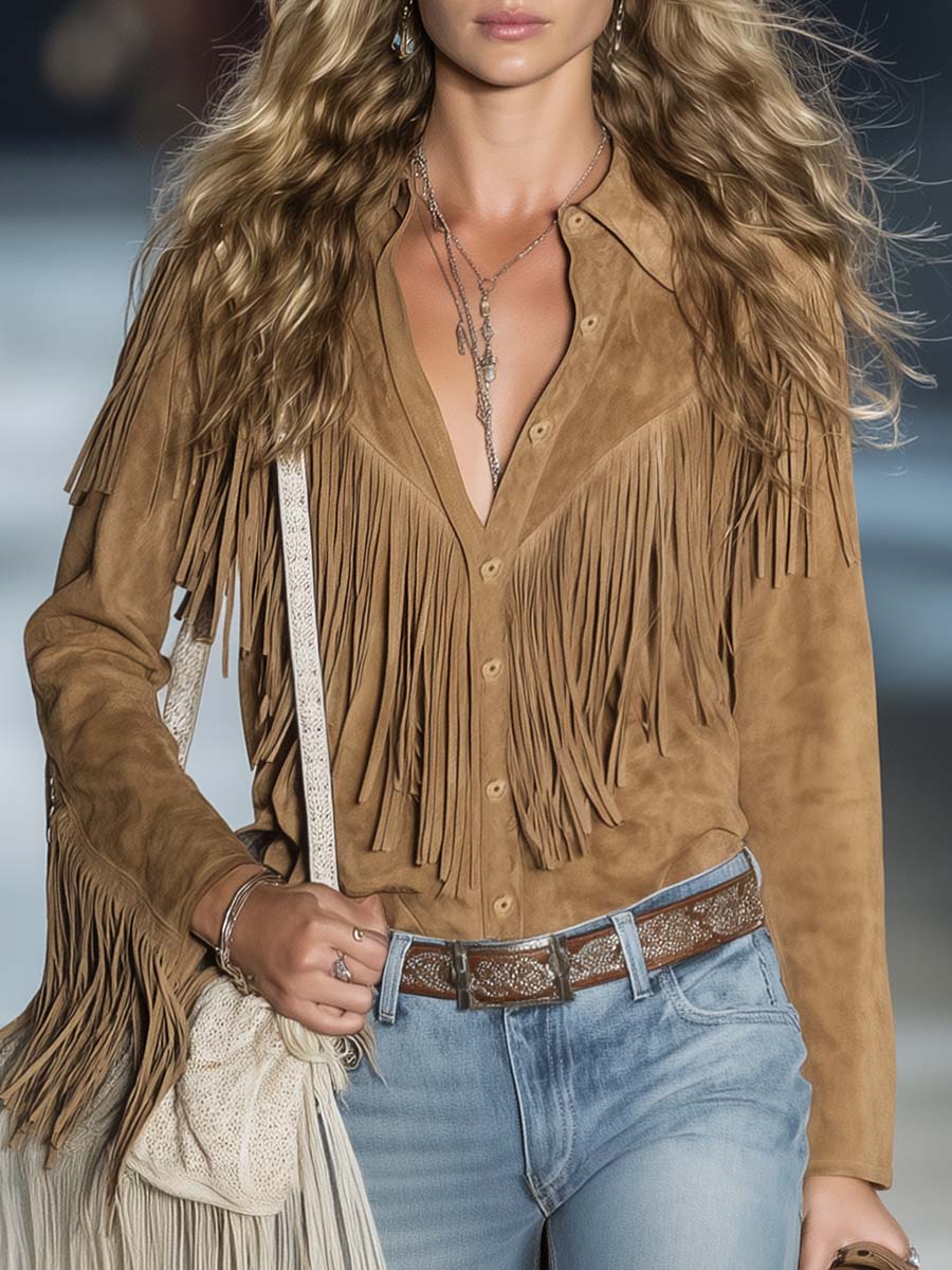 Camisa Western Mujer Ante Sintético con Flecos - Paz