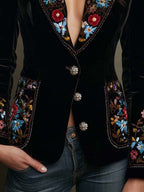 Blazer Cruzado Negro con Bordado Floral Multicolor para Mujer | Paula