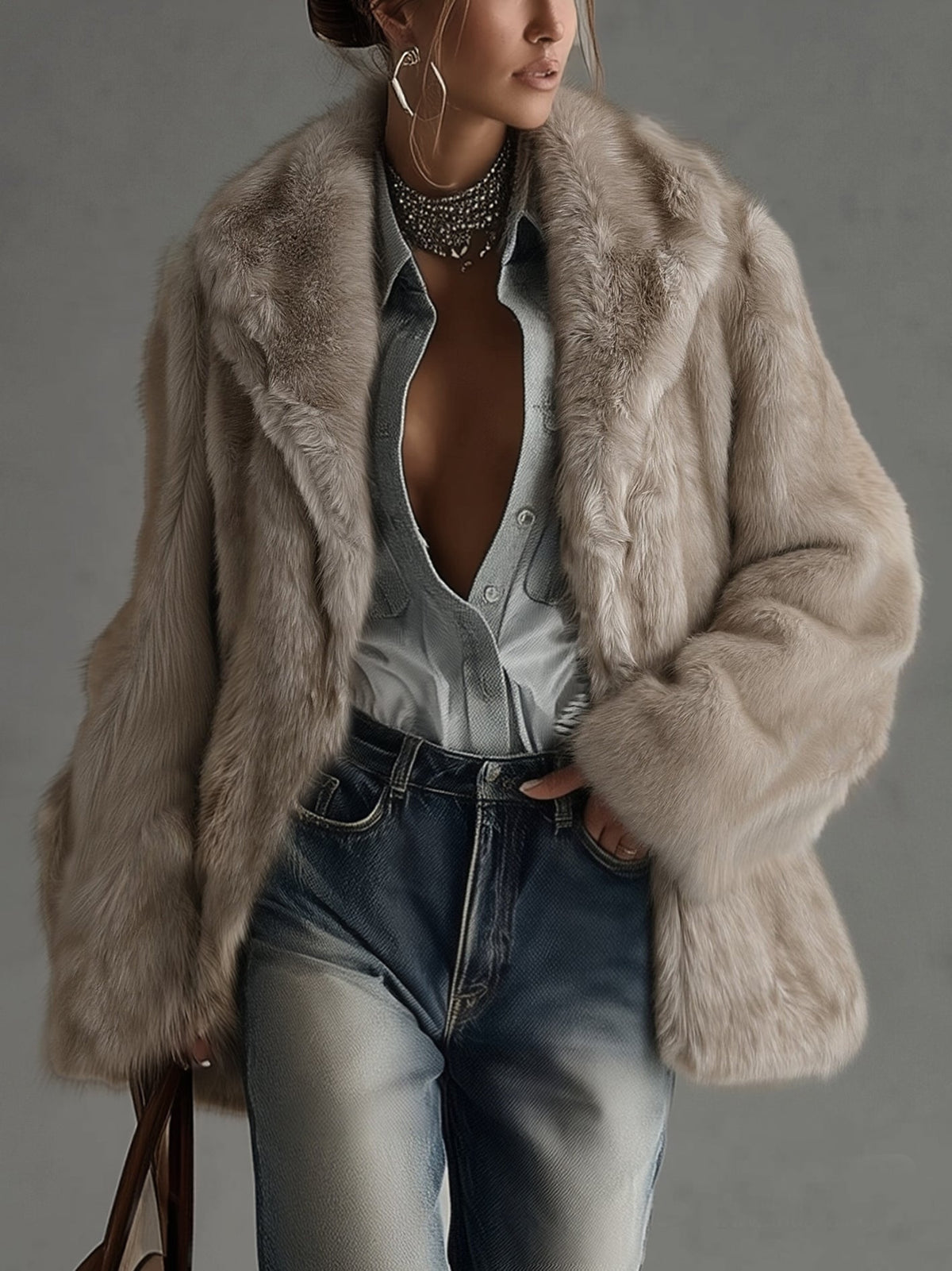Abrigo Oversize Pelo Sintético Taupe Mujer