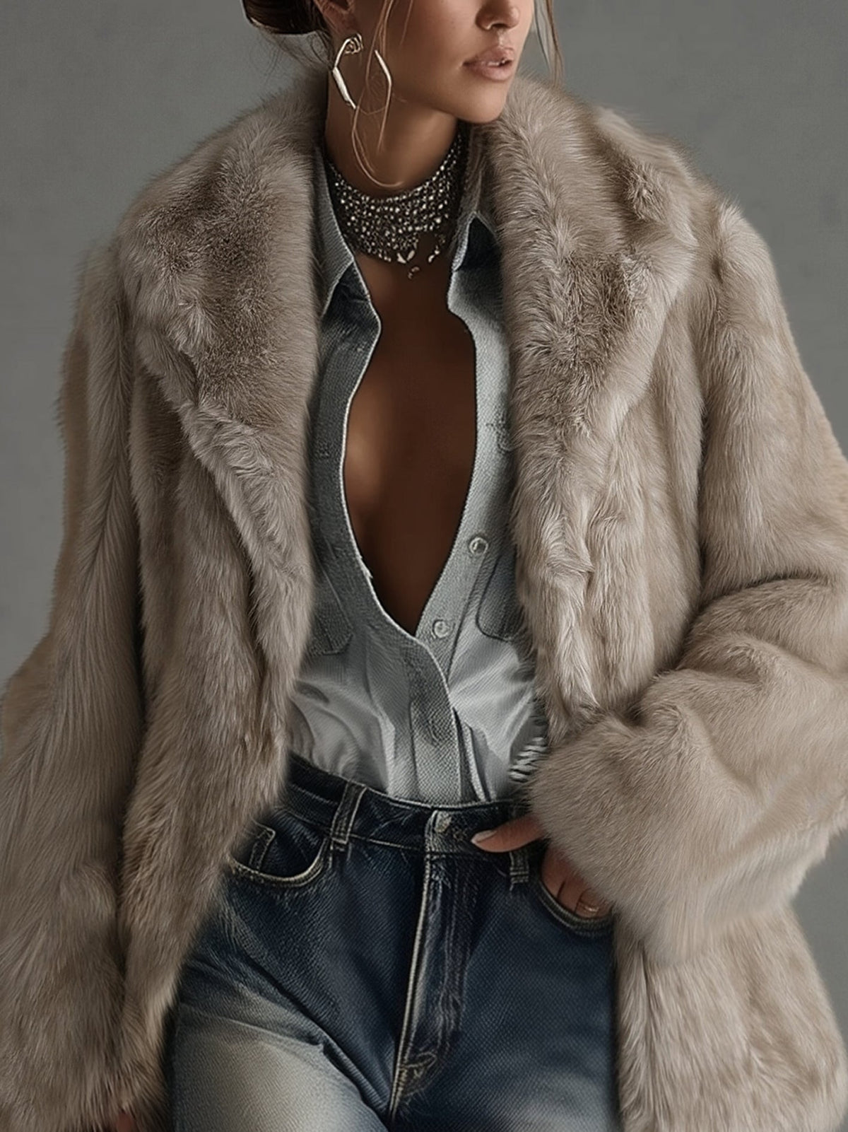 Abrigo Oversize Pelo Sintético Taupe Mujer