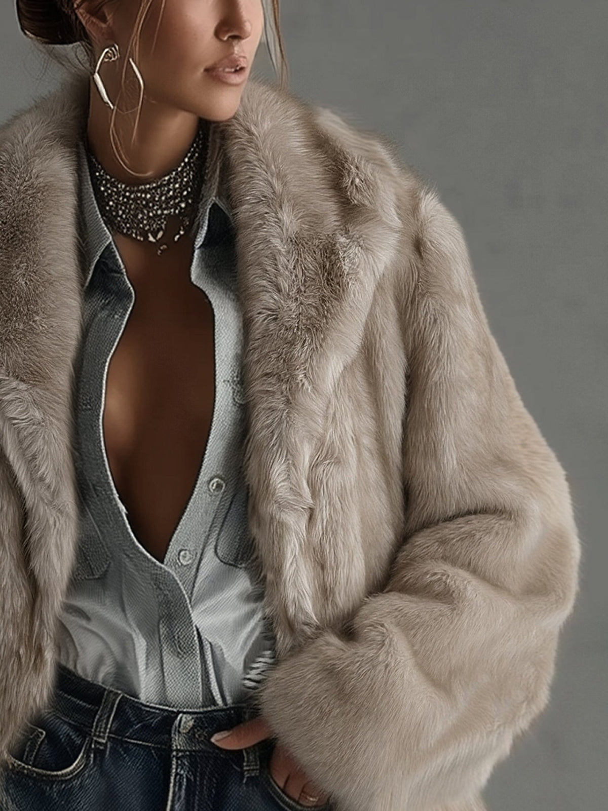 Abrigo Oversize Pelo Sintético Taupe Mujer