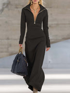 Vestido Largo Mujer Escote en V con Cremallera y Manga Larga - Maite