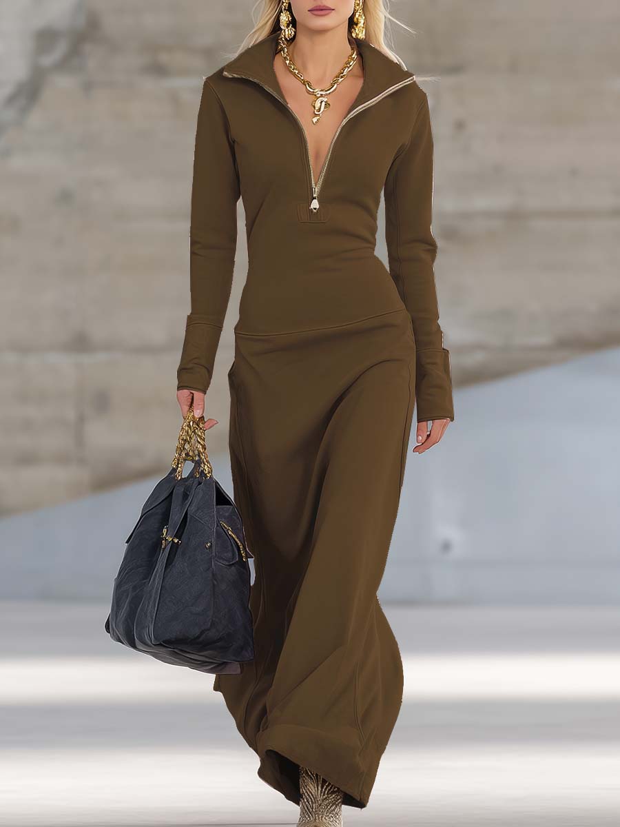 Vestido Largo Mujer Escote en V con Cremallera y Manga Larga - Maite