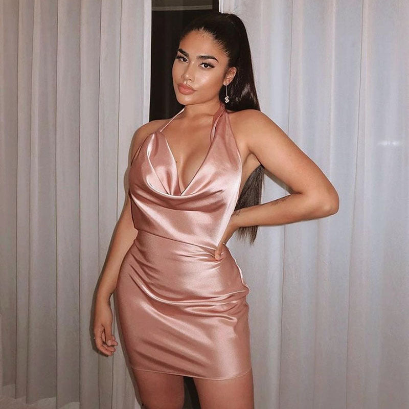 Vestido Mini de Satén para Mujer con Escote en V y Espalda Descubierta – Fiesta y Eventos