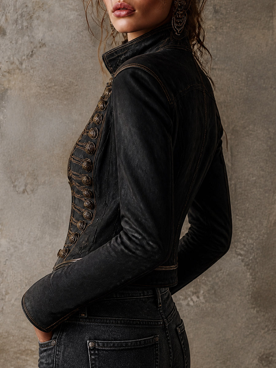 Chaqueta Militar Vintage de Polipiel con Detalles Dorados | Jimena