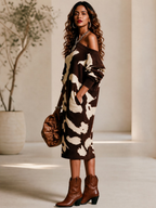 Vestido Midi de Punto Estampado Vaca Asimétrico Manga Larga para Mujer