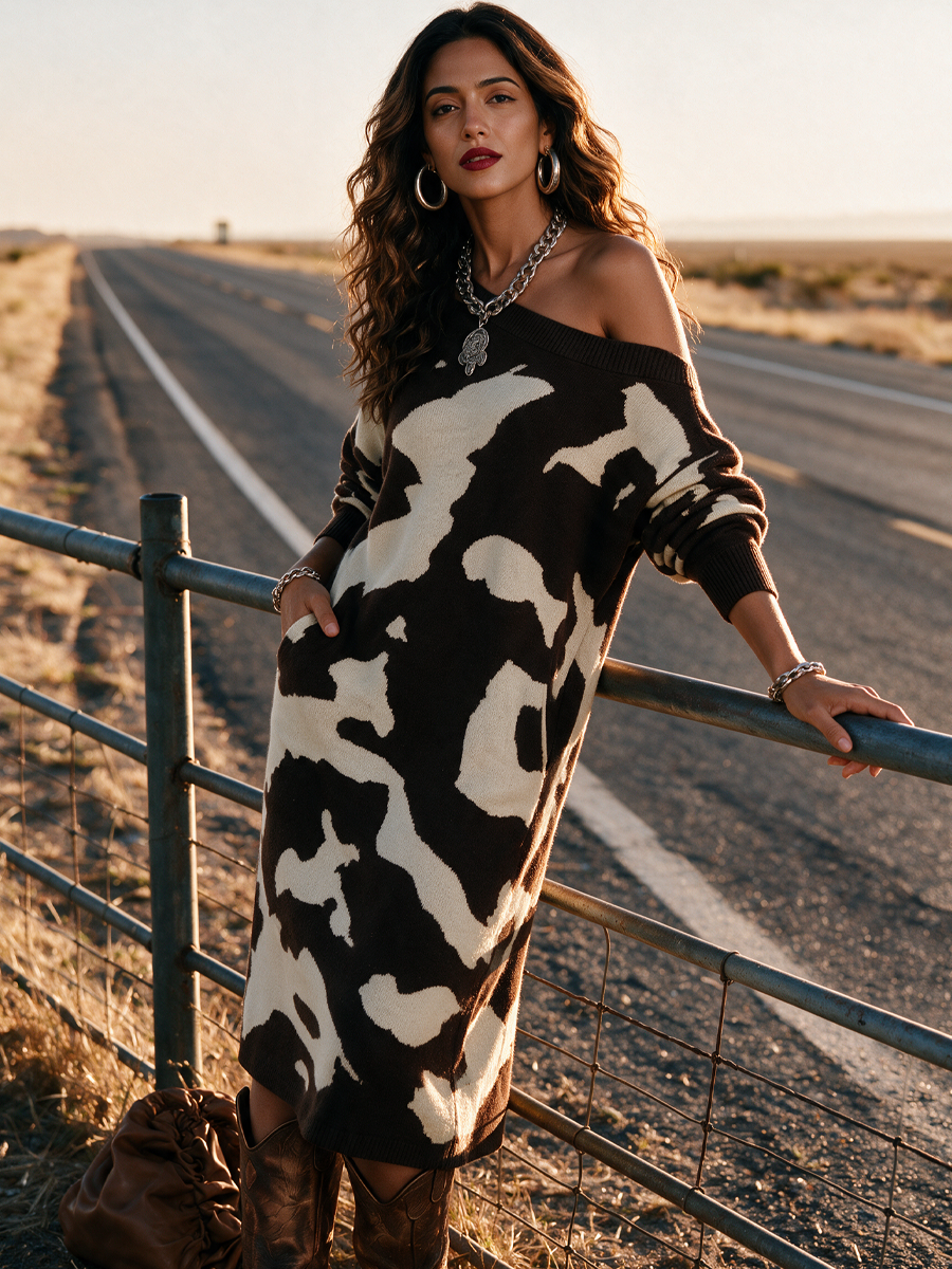 Vestido Midi de Punto Estampado Vaca Asimétrico Manga Larga para Mujer