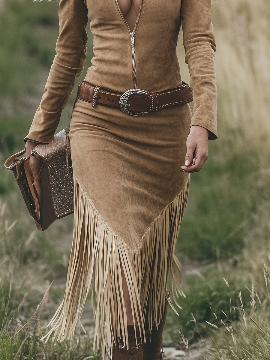 Vestido Midi Western Mujer Ante Sintético con Flecos y Cinturón - Soledad