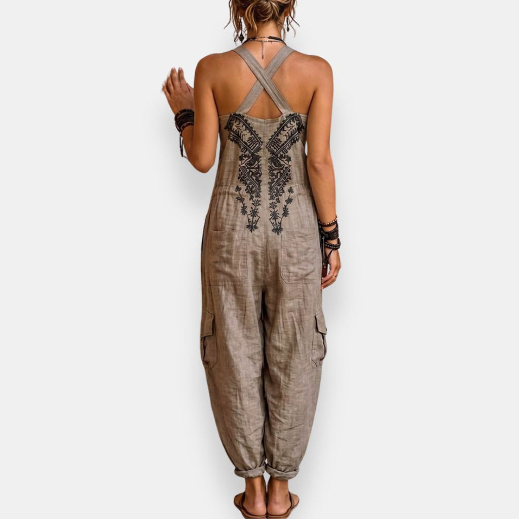 Relajado mono largo boho con bordados y tirantes ajustables