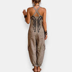 Relajado mono largo boho con bordados y tirantes ajustables