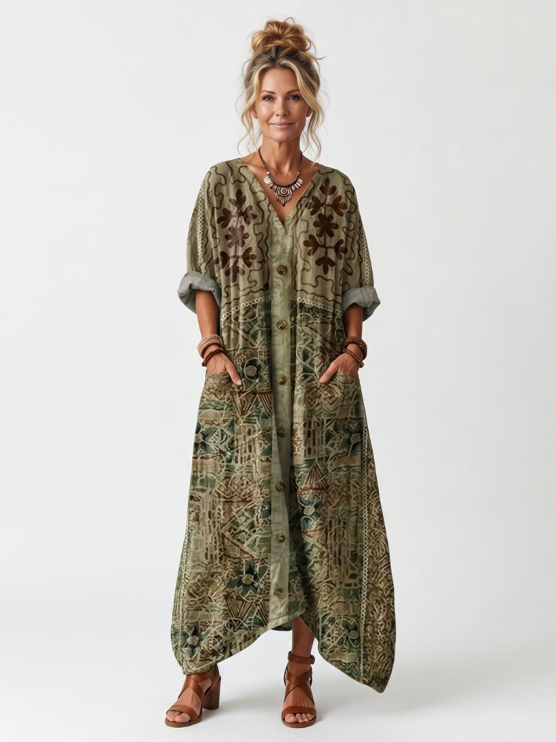 Vestido Midi Oversize con Botones y Bolsillos