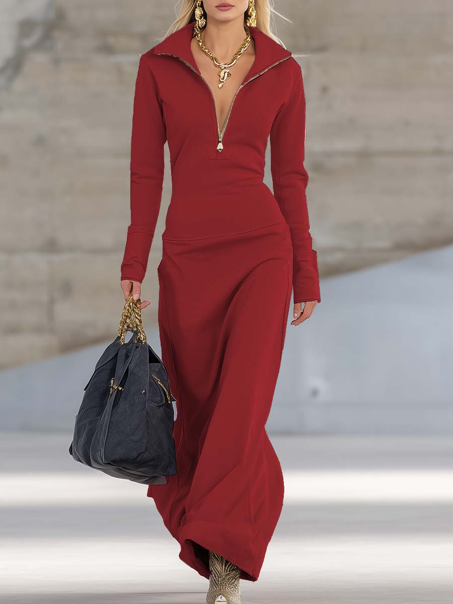 Vestido Largo Mujer Escote en V con Cremallera y Manga Larga - Maite