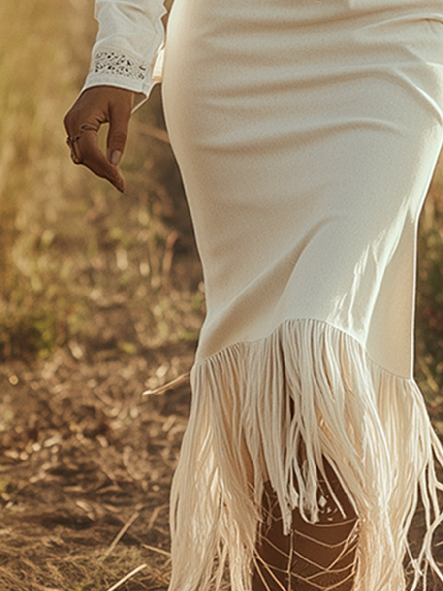 Vestido Largo Western Mujer con Flecos y Media Cremallera - Yaiza