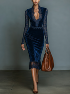 Vestido Midi de Terciopelo Azul Noche con Mangas de Encaje | Adriana