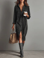 Vestido Midi de Pana con Bolsillos y Botones para Mujer