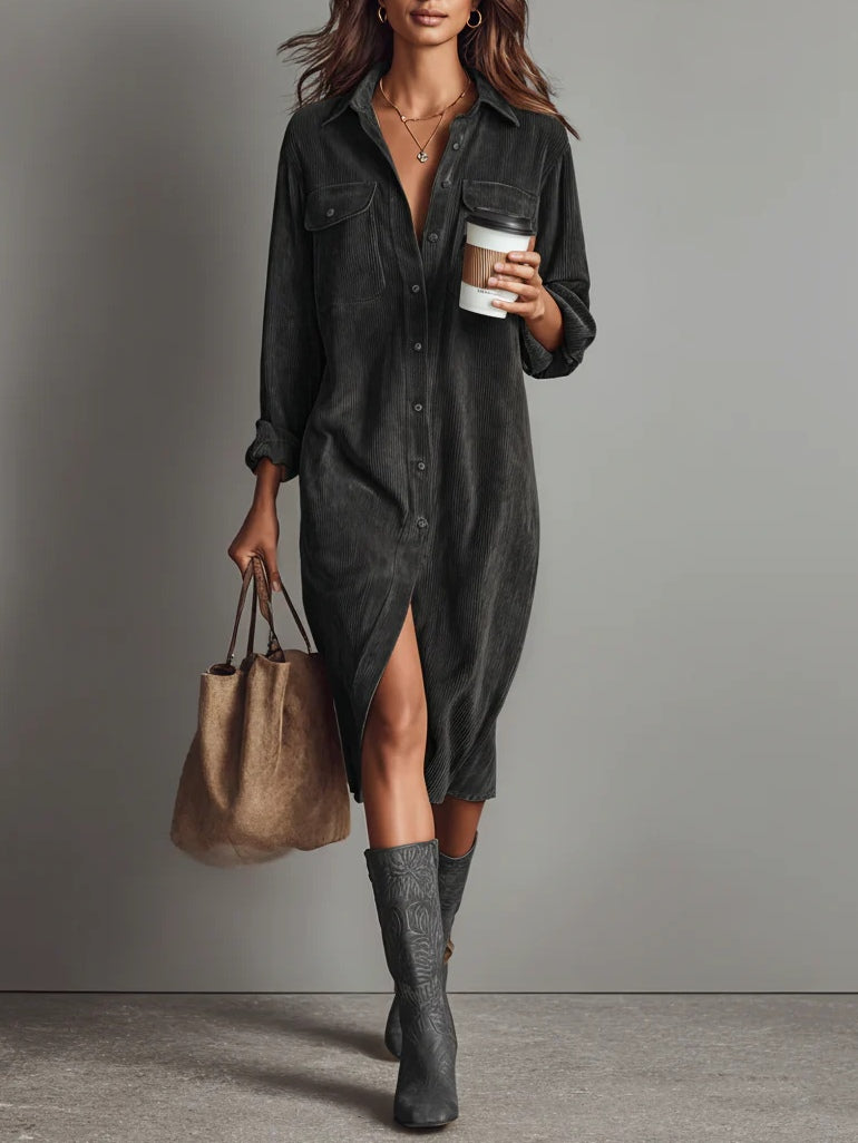 Vestido Midi de Pana con Bolsillos y Botones para Mujer