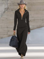 Vestido Largo Mujer Escote en V con Cremallera y Manga Larga - Maite