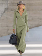 Vestido Largo Mujer Escote en V con Cremallera y Manga Larga - Maite