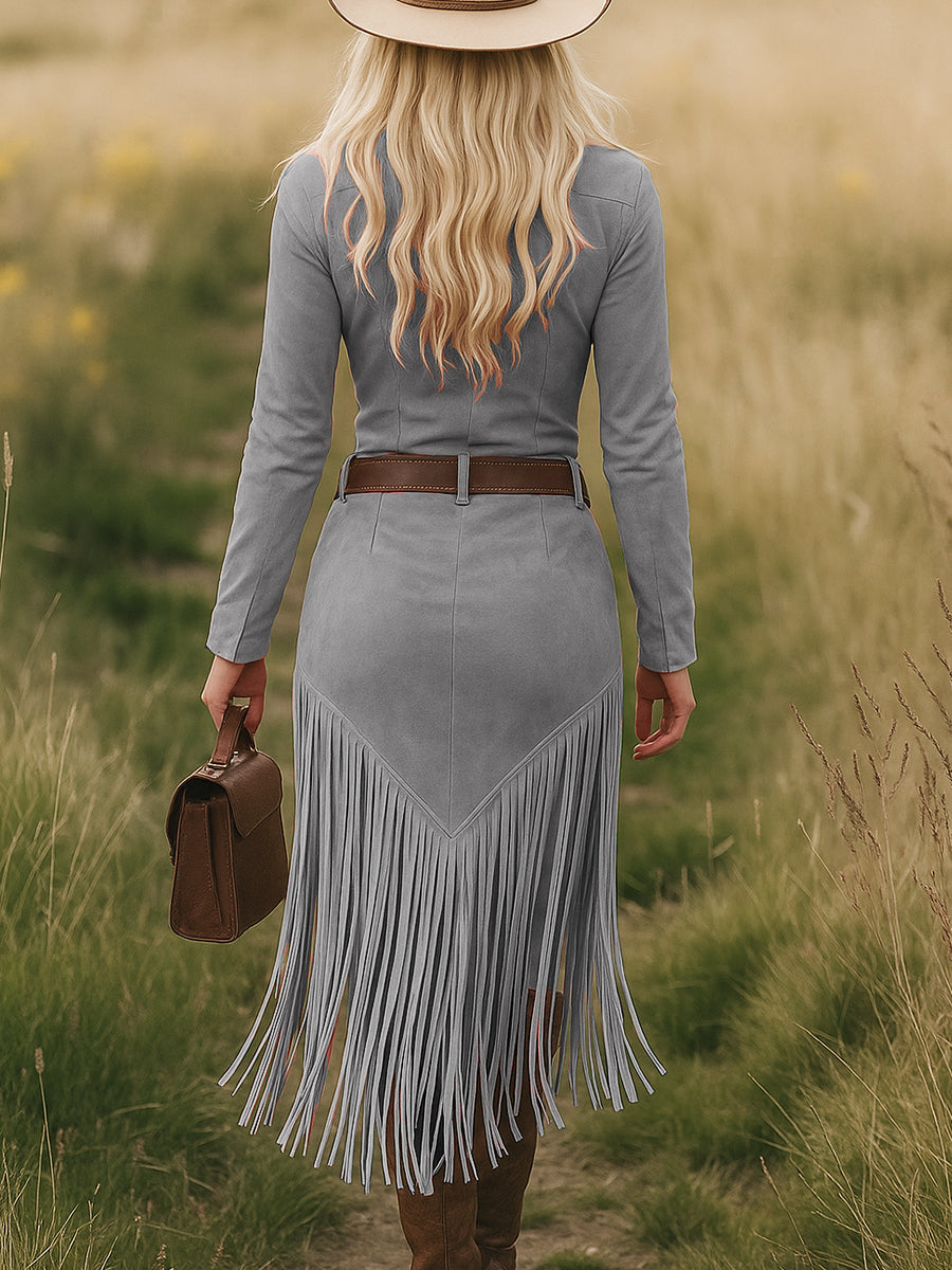 Vestido Midi Western Mujer Ante Sintético con Flecos y Cinturón - Soledad