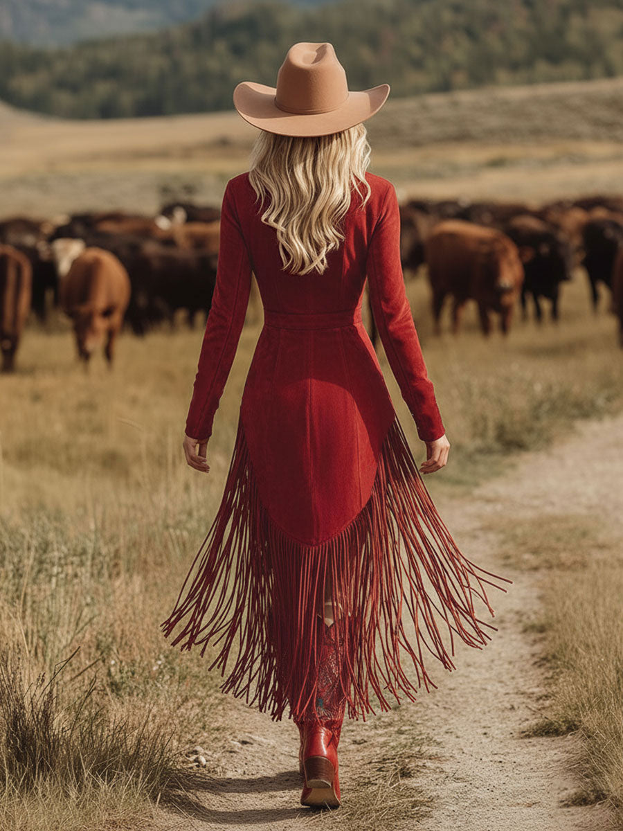 Vestido Midi Western Mujer Ante Sintético con Bordados y Flecos - Rosario