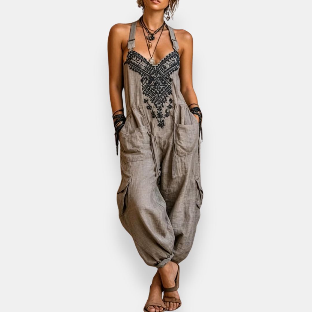 Relajado mono largo boho con bordados y tirantes ajustables