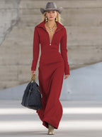 Vestido Largo Mujer Escote en V con Cremallera y Manga Larga - Maite