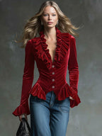 Blusa de Terciopelo Mujer Escote en V con Volantes - Macarena