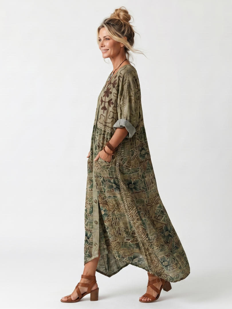 Vestido Midi Oversize con Botones y Bolsillos