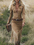 Vestido Midi Western Mujer Ante Sintético con Flecos y Cinturón - Soledad