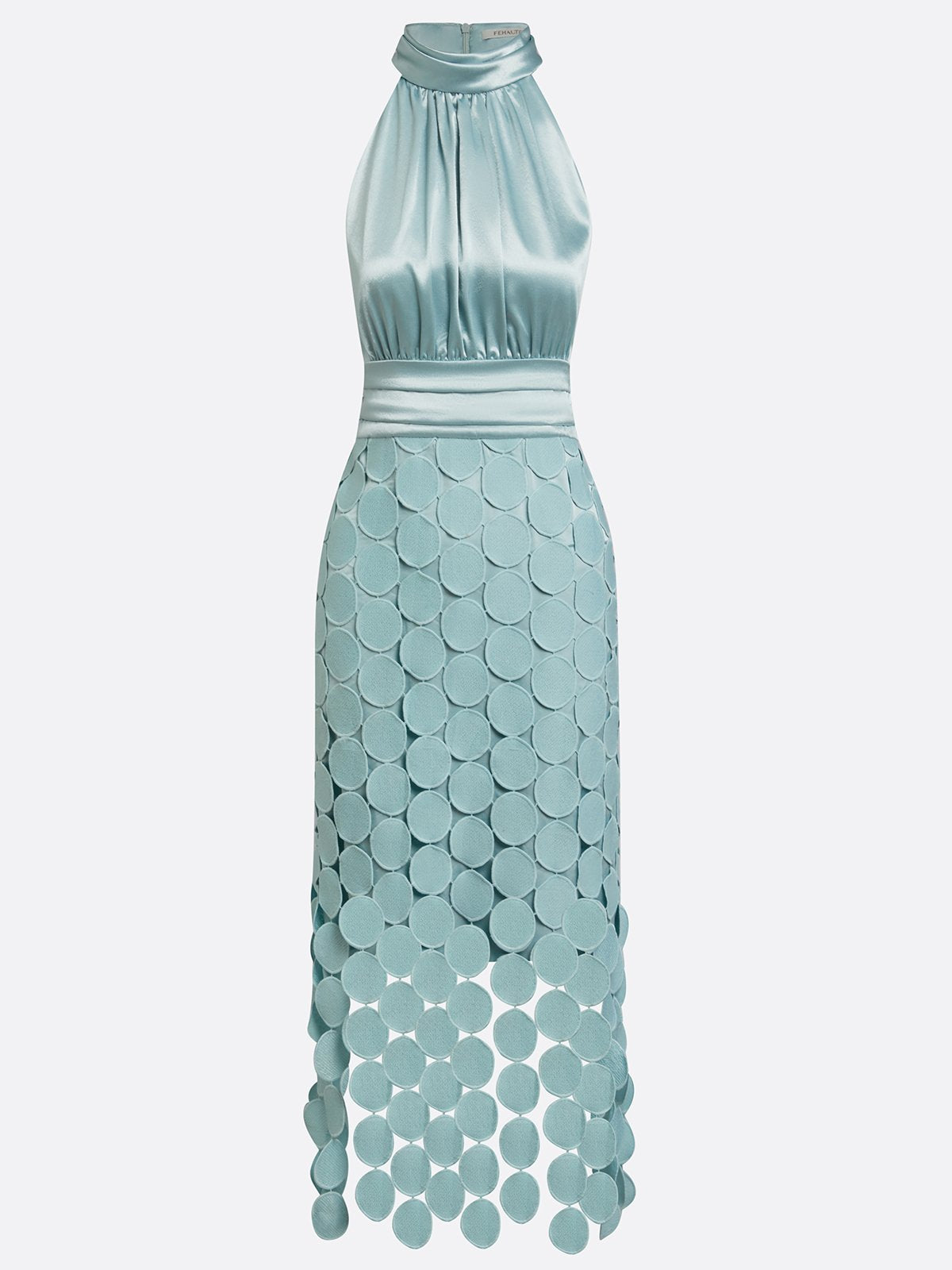 Vestido elegante de invitada de boda y de fiesta con cuello alto y encaje calado | Midi