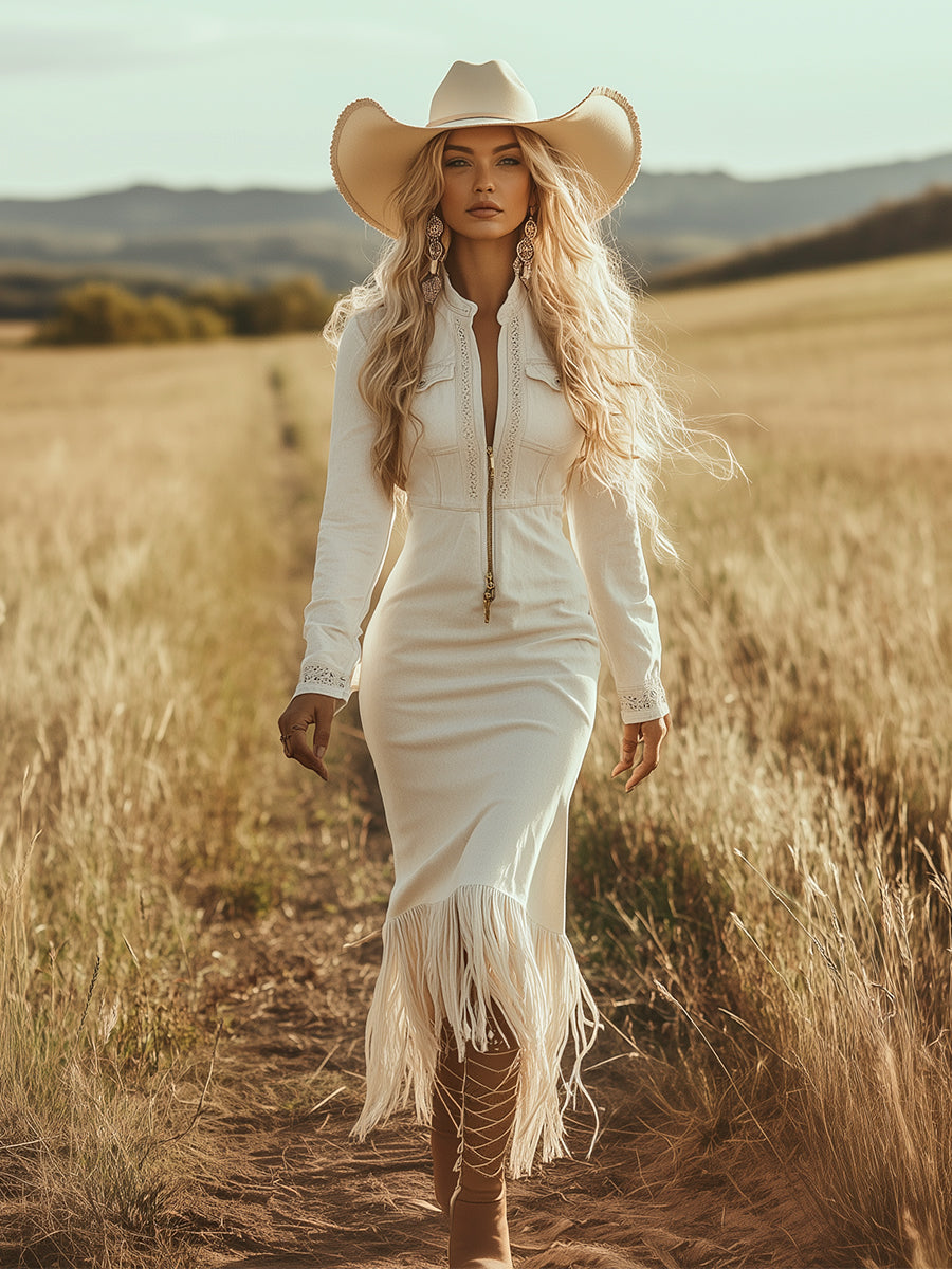 Vestido Largo Western Mujer con Flecos y Media Cremallera - Yaiza