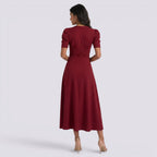 Vestido Midi Elegante Mujer Escote en V con Falda Fruncida | Cintura Alta