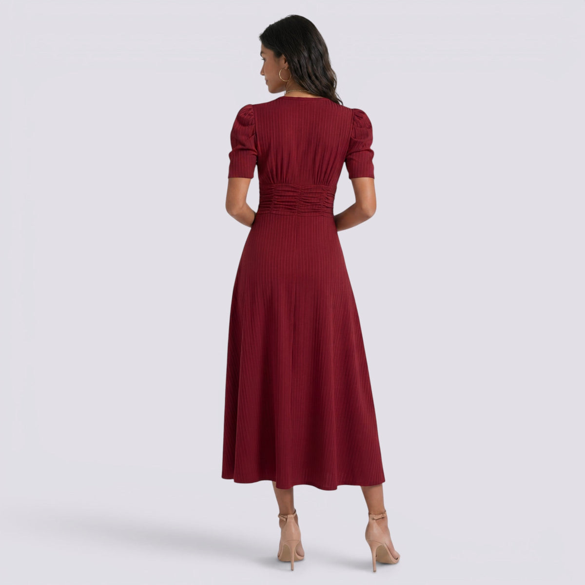Vestido Midi Elegante Mujer Escote en V con Falda Fruncida | Cintura Alta