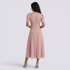 Vestido Midi Elegante Mujer Escote en V con Falda Fruncida | Cintura Alta