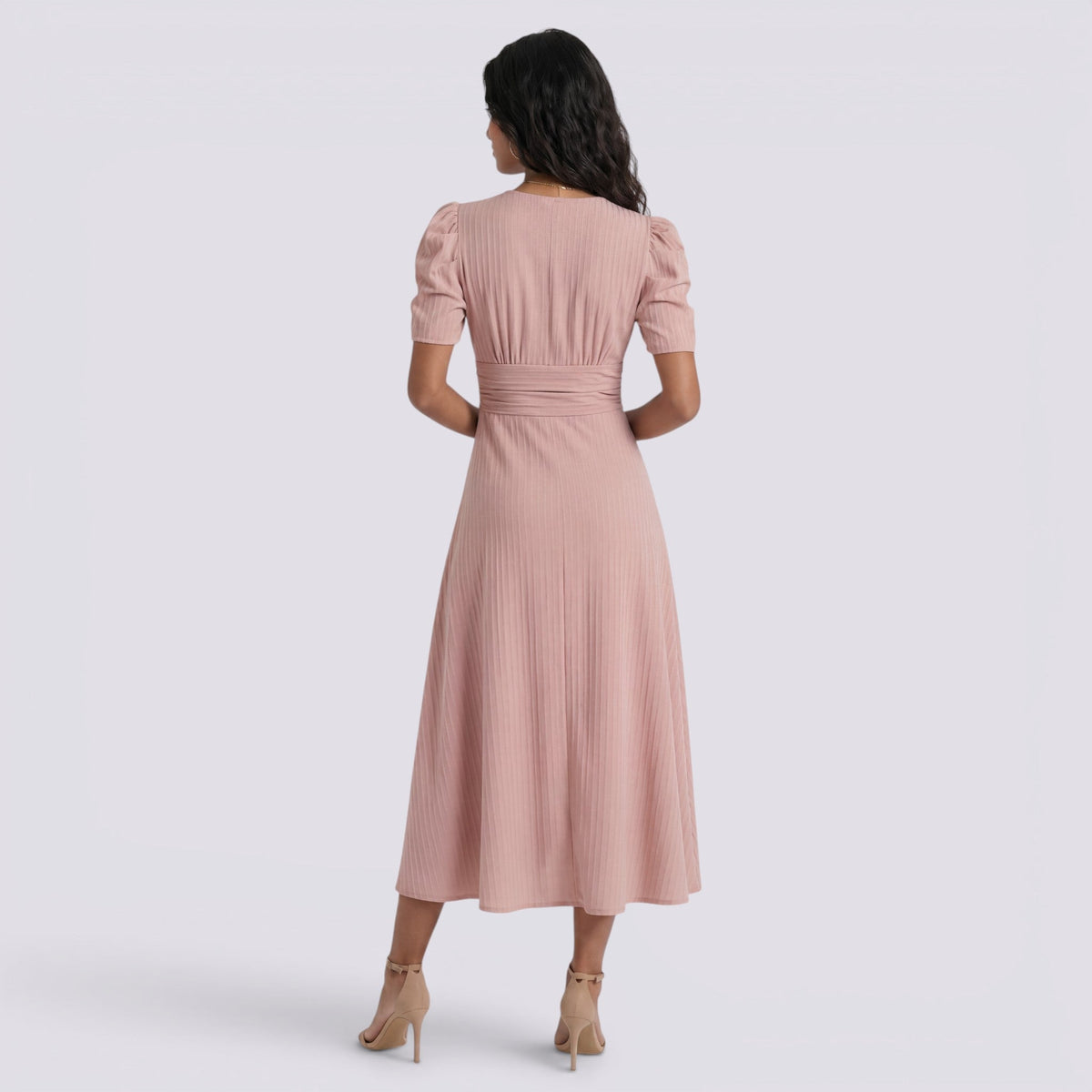 Vestido Midi Elegante Mujer Escote en V con Falda Fruncida | Cintura Alta