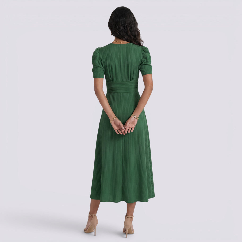 Vestido Midi Elegante Mujer Escote en V con Falda Fruncida | Cintura Alta