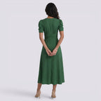 Vestido Midi Elegante Mujer Escote en V con Falda Fruncida | Cintura Alta