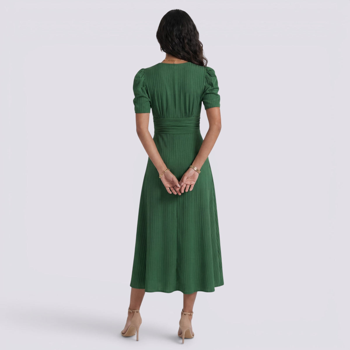 Vestido Midi Elegante Mujer Escote en V con Falda Fruncida | Cintura Alta
