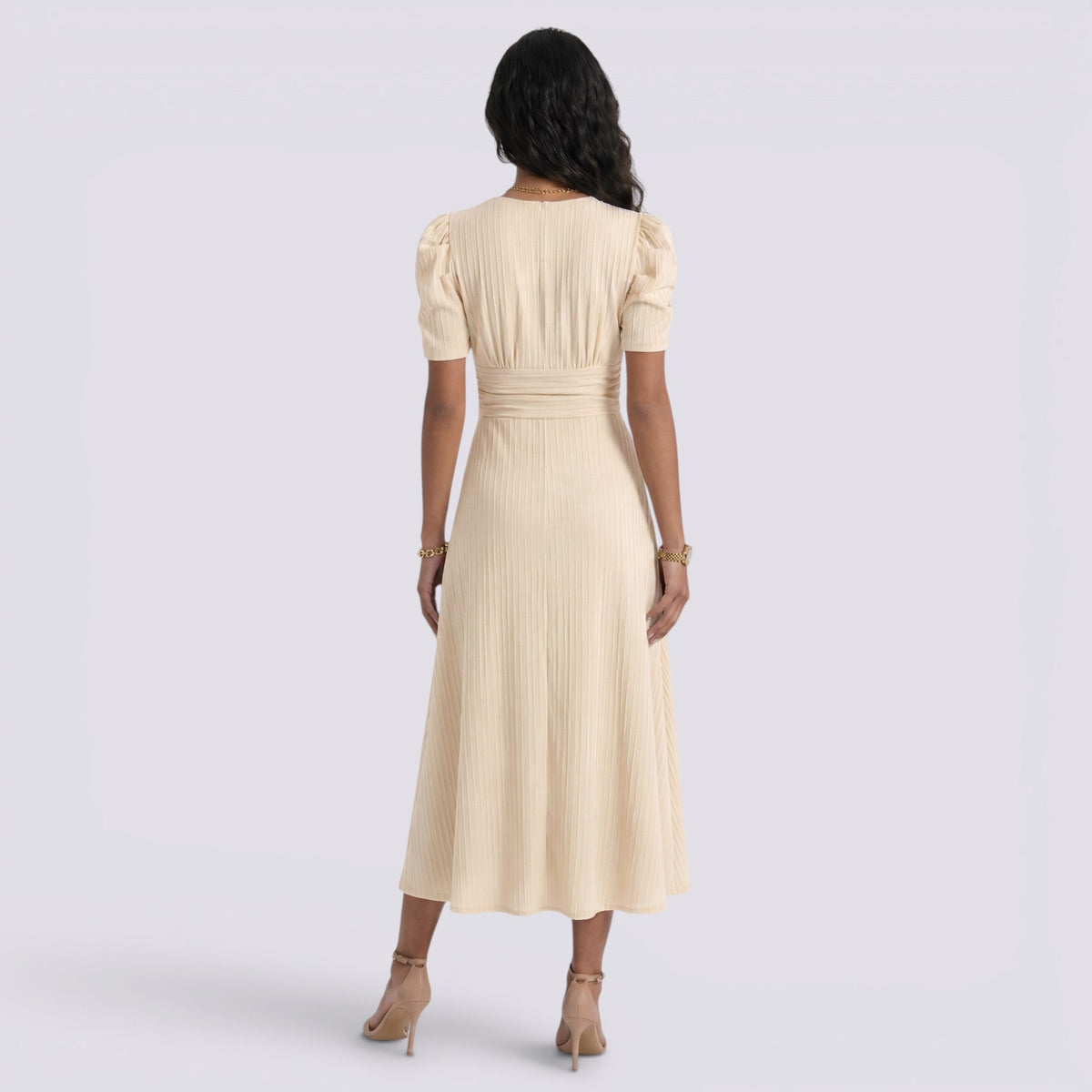 Vestido Midi Elegante Mujer Escote en V con Falda Fruncida | Cintura Alta