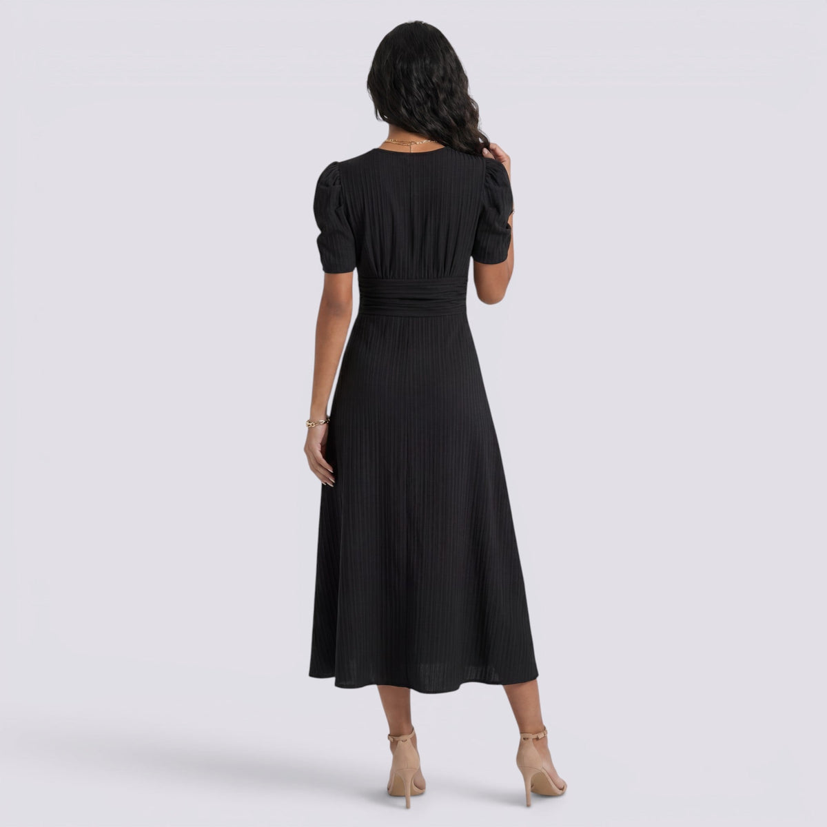 Vestido Midi Elegante Mujer Escote en V con Falda Fruncida | Cintura Alta