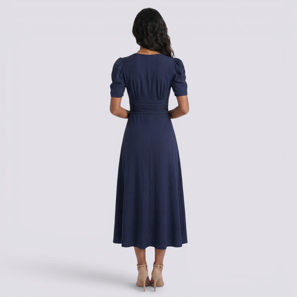 Vestido Midi Elegante Mujer Escote en V con Falda Fruncida | Cintura Alta
