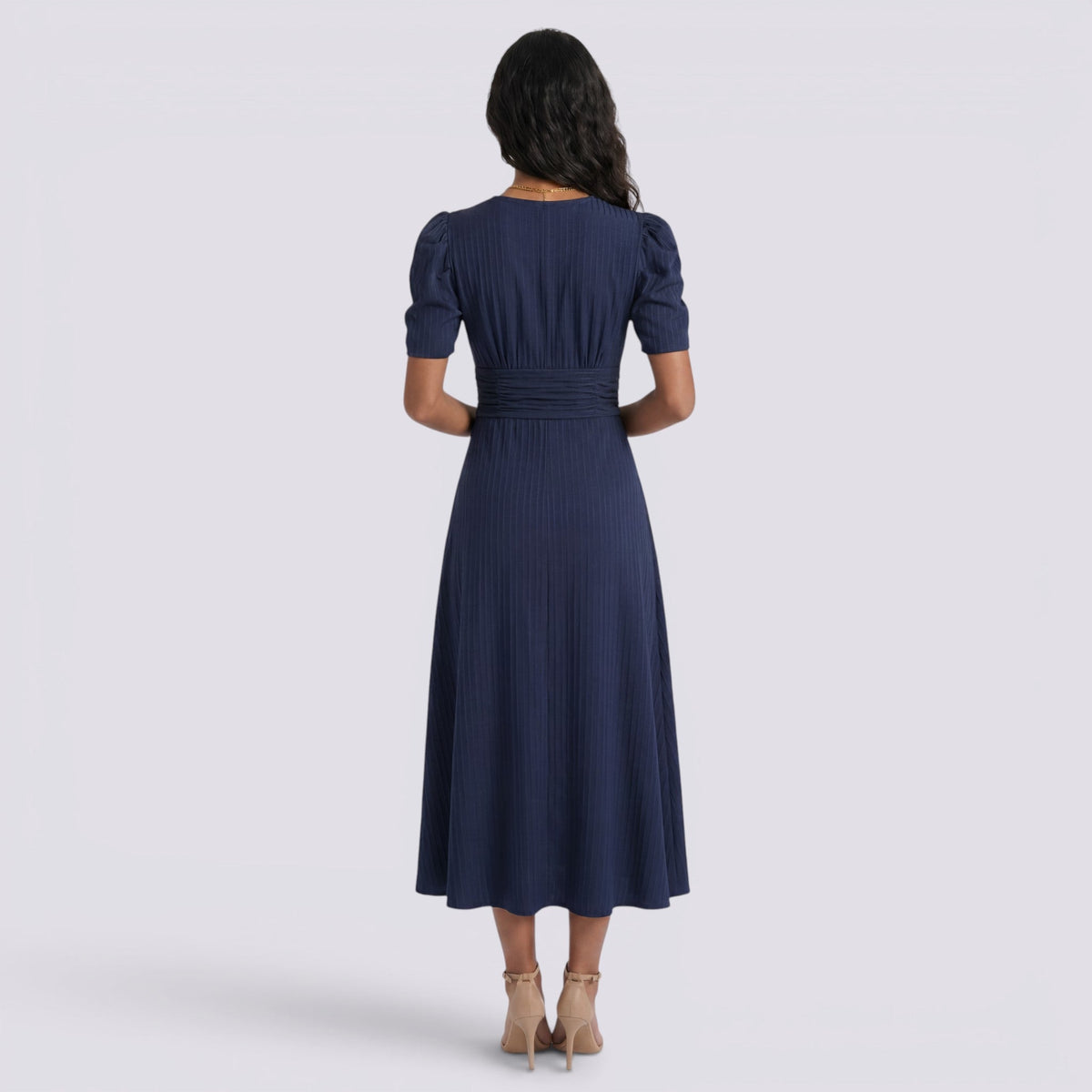 Vestido Midi Elegante Mujer Escote en V con Falda Fruncida | Cintura Alta
