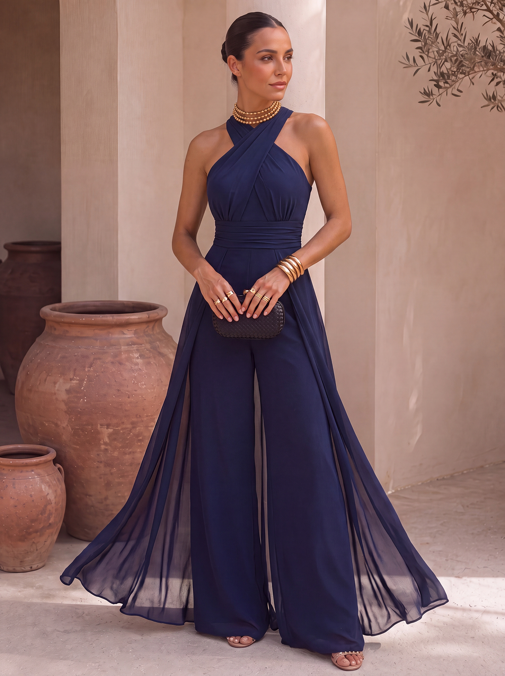 Mono Largo de Gasa con Cuello Halter y Pañuelo | Sofía