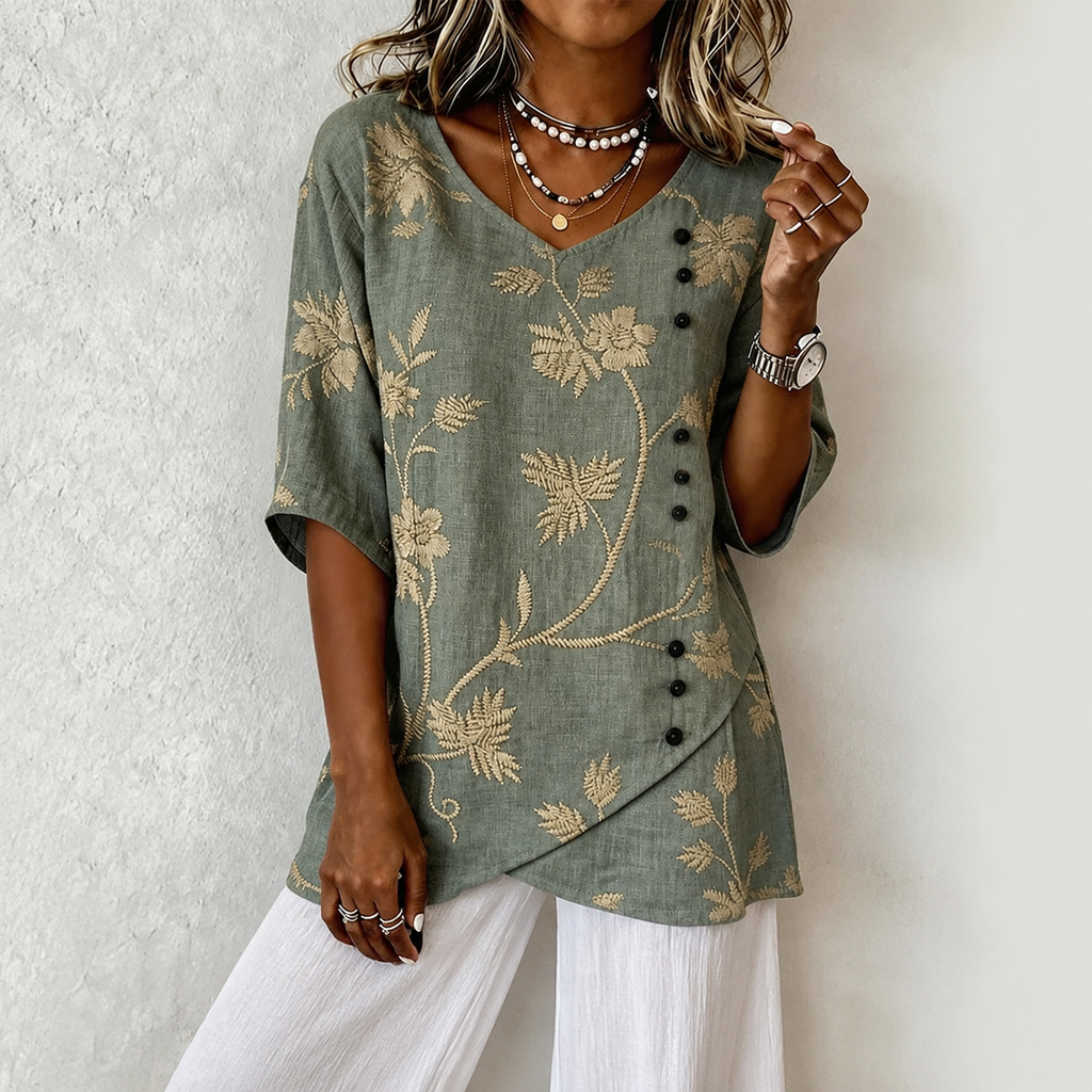 Blusa Floral Bordada manga 3/4 verde mujer  | Valentina