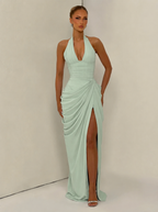 Refinado vestido largo de invitada de boda y de fiesta con cuello halter y abertura lateral | Largo